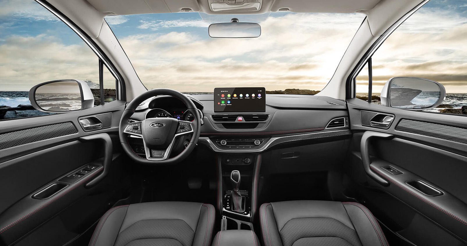 Spacious Interior of a JAC JS3 Car featuring touch screen display.