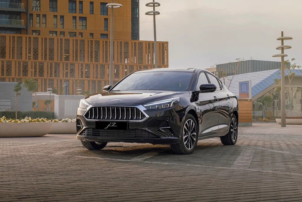 Front View of a black JAC JS7 parked in a roadway of Qatar. best car warranty